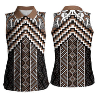 Maori Tukutuku Taniko Motifs Women Sleeveless Polo Shirt Brown Poutama Mix Kowhaiwhai LT7 - Polynesian Pride