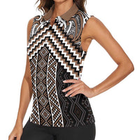 Maori Tukutuku Taniko Motifs Women Sleeveless Polo Shirt Brown Poutama Mix Kowhaiwhai LT7 - Polynesian Pride