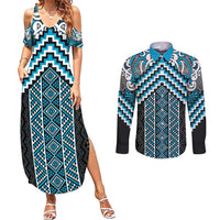 Maori Tukutuku Taniko Motifs Couples Matching Summer Maxi Dress and Long Sleeve Button Shirt Turquoise Poutama Mix Kowhaiwhai LT7 Turquoise - Polynesian Pride