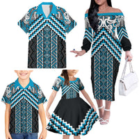 Maori Tukutuku Taniko Motifs Family Matching Off The Shoulder Long Sleeve Dress and Hawaiian Shirt Turquoise Poutama Mix Kowhaiwhai LT7 - Polynesian Pride