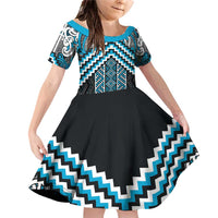 Maori Tukutuku Taniko Motifs Family Matching Off Shoulder Short Dress and Hawaiian Shirt Turquoise Poutama Mix Kowhaiwhai LT7 Daughter's Dress Turquoise - Polynesian Pride