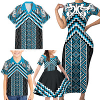 Maori Tukutuku Taniko Motifs Family Matching Short Sleeve Bodycon Dress and Hawaiian Shirt Turquoise Poutama Mix Kowhaiwhai LT7 - Polynesian Pride