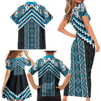 Maori Tukutuku Taniko Motifs Family Matching Short Sleeve Bodycon Dress and Hawaiian Shirt Turquoise Poutama Mix Kowhaiwhai LT7 - Polynesian Pride