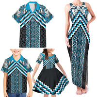 Maori Tukutuku Taniko Motifs Family Matching Tank Maxi Dress and Hawaiian Shirt Turquoise Poutama Mix Kowhaiwhai LT7 - Polynesian Pride