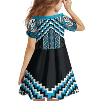 Maori Tukutuku Taniko Motifs Kid Short Sleeve Dress Turquoise Poutama Mix Kowhaiwhai LT7 - Polynesian Pride