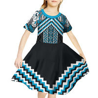 Maori Tukutuku Taniko Motifs Kid Short Sleeve Dress Turquoise Poutama Mix Kowhaiwhai LT7 - Polynesian Pride