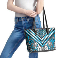 Maori Tukutuku Taniko Motifs Leather Tote Bag Turquoise Poutama Mix Kowhaiwhai LT7 - Polynesian Pride