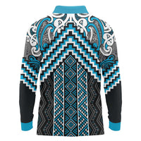 Maori Tukutuku Taniko Motifs Long Sleeve Polo Shirt Turquoise Poutama Mix Kowhaiwhai LT7 - Polynesian Pride