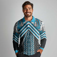Maori Tukutuku Taniko Motifs Long Sleeve Polo Shirt Turquoise Poutama Mix Kowhaiwhai LT7 - Polynesian Pride
