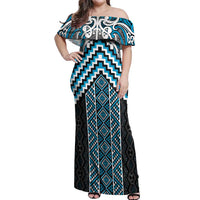 Maori Tukutuku Taniko Motifs Off Shoulder Maxi Dress Turquoise Poutama Mix Kowhaiwhai LT7 Women Turquoise - Polynesian Pride
