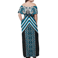 Maori Tukutuku Taniko Motifs Off Shoulder Maxi Dress Turquoise Poutama Mix Kowhaiwhai LT7 - Polynesian Pride