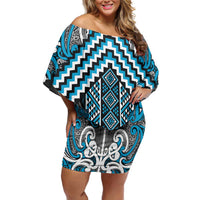 Maori Tukutuku Taniko Motifs Off Shoulder Short Dress Turquoise Poutama Mix Kowhaiwhai LT7 Women Turquoise - Polynesian Pride