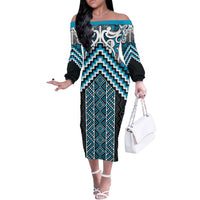 Maori Tukutuku Taniko Motifs Off The Shoulder Long Sleeve Dress Turquoise Poutama Mix Kowhaiwhai LT7 Women Turquoise - Polynesian Pride