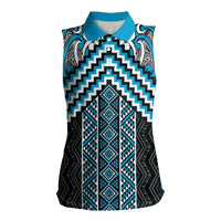 Maori Tukutuku Taniko Motifs Women Sleeveless Polo Shirt Turquoise Poutama Mix Kowhaiwhai LT7 Female Turquoise - Polynesian Pride