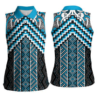 Maori Tukutuku Taniko Motifs Women Sleeveless Polo Shirt Turquoise Poutama Mix Kowhaiwhai LT7 - Polynesian Pride