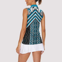 Maori Tukutuku Taniko Motifs Women Sleeveless Polo Shirt Turquoise Poutama Mix Kowhaiwhai LT7 - Polynesian Pride