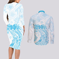 Polynesian Women's Day Couples Matching Long Sleeve Bodycon Dress and Long Sleeve Button Shirt Plumeria Passion - Turquoise LT7 - Polynesian Pride
