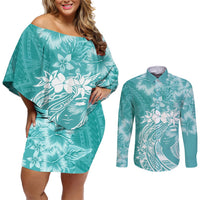 Polynesian Women's Day Couples Matching Off Shoulder Short Dress and Long Sleeve Button Shirt Plumeria Passion - Teal LT7 Teal - Polynesian Pride