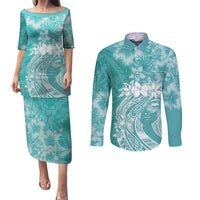 Polynesian Women's Day Couples Matching Puletasi and Long Sleeve Button Shirt Plumeria Passion - Teal LT7 Teal - Polynesian Pride