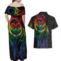 New Zealand Pride Couples Matching Off Shoulder Maxi Dress and Hawaiian Shirt Takatapui Rainbow Fern LT7 - Polynesian Pride
