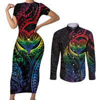New Zealand Pride Couples Matching Short Sleeve Bodycon Dress and Long Sleeve Button Shirt Takatapui Rainbow Fern LT7 Colorful - Polynesian Pride