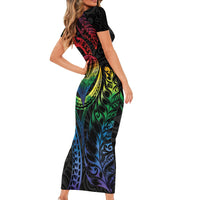 New Zealand Pride Family Matching Short Sleeve Bodycon Dress and Hawaiian Shirt Takatapui Rainbow Fern LT7 - Polynesian Pride