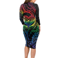 New Zealand Pride Long Sleeve Bodycon Dress Takatapui Rainbow Fern LT7 - Polynesian Pride