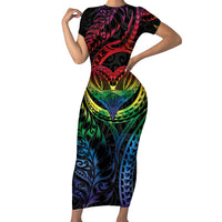 New Zealand Pride Short Sleeve Bodycon Dress Takatapui Rainbow Fern LT7 Long Dress Colorful - Polynesian Pride