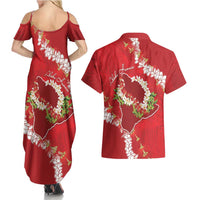 Hawaii Island Flowers Lei Couples Matching Summer Maxi Dress and Hawaiian Shirt Ohia Lehua Scarlet Red LT7 - Polynesian Pride