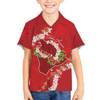 Hawaii Island Flowers Lei Family Matching Off The Shoulder Long Sleeve Dress and Hawaiian Shirt Ohia Lehua Scarlet Red LT7 Son's Shirt Red - Polynesian Pride