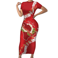 Hawaii Island Flowers Lei Short Sleeve Bodycon Dress Ohia Lehua Scarlet Red LT7 Long Dress Red - Polynesian Pride