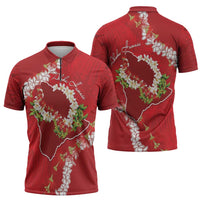 Hawaii Island Flowers Lei Zipper Polo Shirt Ohia Lehua Scarlet Red LT7 - Polynesian Pride