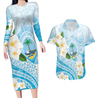 Guam Chamorro Guasali Flowers Couples Matching Long Sleeve Bodycon Dress and Hawaiian Shirt Aqua Gradient LT7 Aquamarine - Polynesian Pride