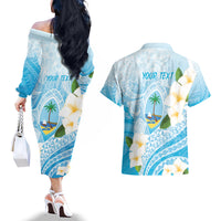 Guam Chamorro Guasali Flowers Couples Matching Off The Shoulder Long Sleeve Dress and Hawaiian Shirt Aqua Gradient LT7 - Polynesian Pride