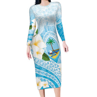 Guam Chamorro Guasali Flowers Family Matching Long Sleeve Bodycon Dress and Hawaiian Shirt Aqua Gradient LT7 Mom's Dress Aquamarine - Polynesian Pride