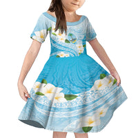 Guam Chamorro Guasali Flowers Family Matching Short Sleeve Bodycon Dress and Hawaiian Shirt Aqua Gradient LT7 Daughter's Dress Aquamarine - Polynesian Pride