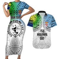 Personalised Malampa Fiji Day Couples Matching Short Sleeve Bodycon Dress and Hawaiian Shirt Gradient Style LT7 White - Polynesian Pride