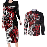 Aotearoa Toitu Te Tiriti Couples Matching Long Sleeve Bodycon Dress and Long Sleeve Button Shirt Whakairo Wheku LT7 Black - Polynesian Pride