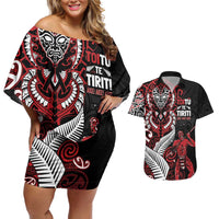 Aotearoa Toitu Te Tiriti Couples Matching Off Shoulder Short Dress and Hawaiian Shirt Whakairo Wheku LT7 Black - Polynesian Pride