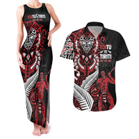 Aotearoa Toitu Te Tiriti Couples Matching Tank Maxi Dress and Hawaiian Shirt Whakairo Wheku LT7 Black - Polynesian Pride
