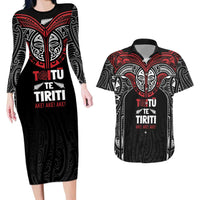 Aotearoa Maori Personalized Couples Matching Long Sleeve Bodycon Dress and Hawaiian Shirt Toitu Te Tiriti Ake! Ake! Ake! LT7 Black - Polynesian Pride