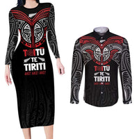 Aotearoa Maori Personalized Couples Matching Long Sleeve Bodycon Dress and Long Sleeve Button Shirt Toitu Te Tiriti Ake! Ake! Ake! LT7 Black - Polynesian Pride