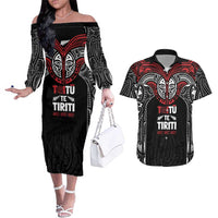 Aotearoa Maori Personalized Couples Matching Off The Shoulder Long Sleeve Dress and Hawaiian Shirt Toitu Te Tiriti Ake! Ake! Ake! LT7 Black - Polynesian Pride