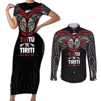 Aotearoa Maori Personalized Couples Matching Short Sleeve Bodycon Dress and Long Sleeve Button Shirt Toitu Te Tiriti Ake! Ake! Ake! LT7 Black - Polynesian Pride