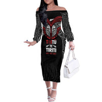Aotearoa Maori Personalized Family Matching Off The Shoulder Long Sleeve Dress and Hawaiian Shirt Toitu Te Tiriti Ake! Ake! Ake! LT7 Mom's Dress Black - Polynesian Pride