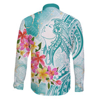 Polynesian Women's Day Wahine Family Matching Off Shoulder Short Dress and Hawaiian Shirt Plumeria Marble Glaze - Teal LT7 - Polynesian Pride
