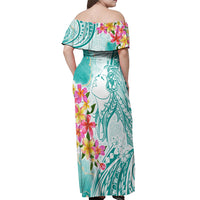 Polynesian Women's Day Wahine Off Shoulder Maxi Dress Plumeria Marble Glaze - Teal LT7 - Polynesian Pride