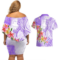 Polynesian Women's Day Wahine Couples Matching Off Shoulder Short Dress and Hawaiian Shirt Plumeria Marble Glaze - Purple LT7 - Polynesian Pride