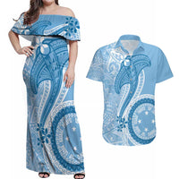 Micronesia FSM Couples Matching Off Shoulder Maxi Dress and Hawaiian Shirt Shark and Manta Classic Style LT7 Turquoise - Polynesian Pride