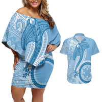 Micronesia FSM Couples Matching Off Shoulder Short Dress and Hawaiian Shirt Shark and Manta Classic Style LT7 Turquoise - Polynesian Pride
